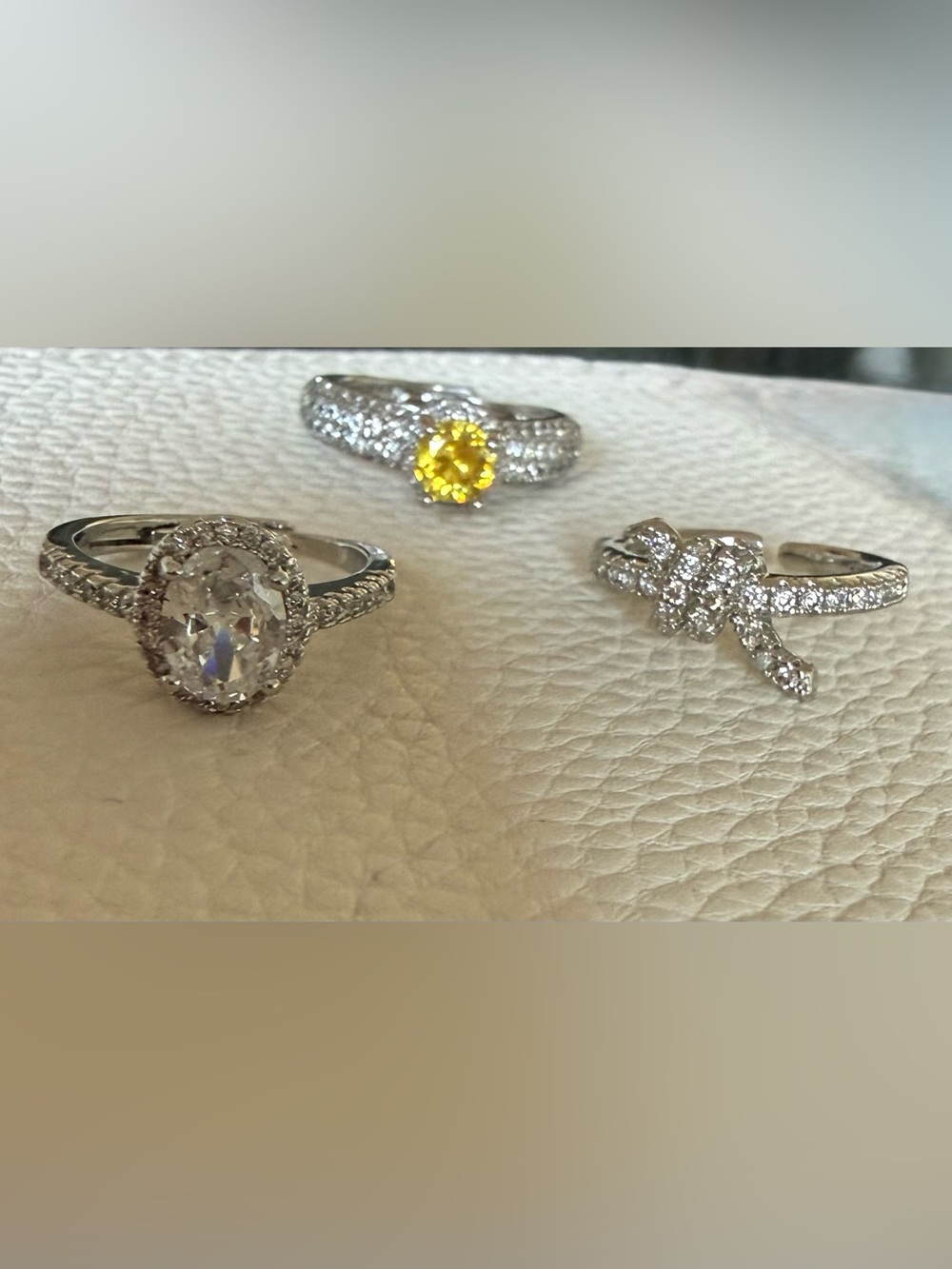 Set of 3 White Gold Plated Rings with Crystal Accents - Size Adjustable